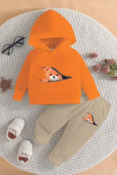 ADABEBEK Premium Cute Bear Printed Hooded Bottom Top Baby Boy Suit 22575