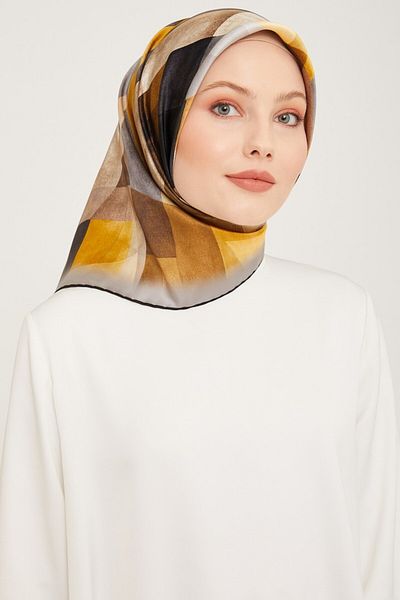 Armine Nostalgia Series Silk Twill Scarf 9024D Geometric Pattern Gold-Gray