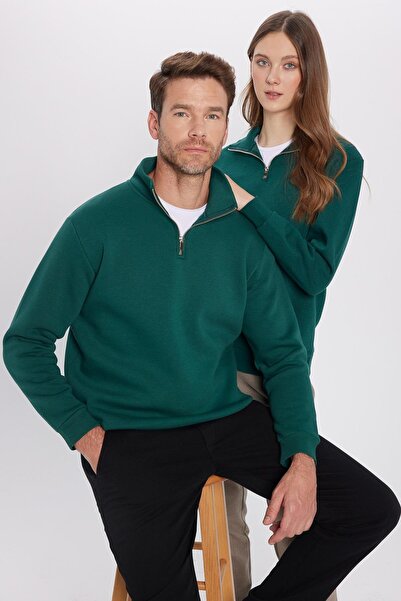 Tudors Unisex Relax Fit Rahat Kesim Pamuklu Içi Polarlı Yarım Fermuarlı Haki Dik Yaka Sweatshirt