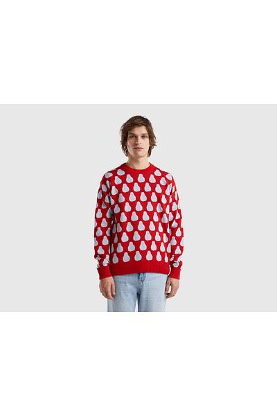 United Colors of Benetton Men's Red Fruit Patterned Cotton Sweater