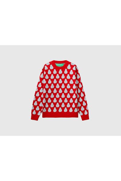 United Colors of Benetton Men's Red Fruit Patterned Cotton Sweater