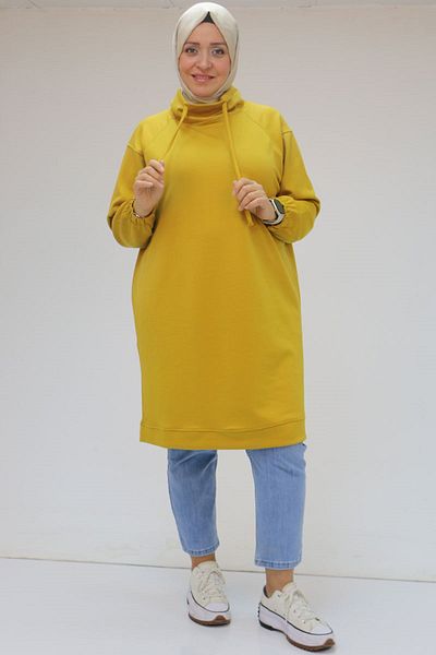 Eslina 48105 Plus Size Turtleneck Tunic with Elastic Sleeves - Mustard