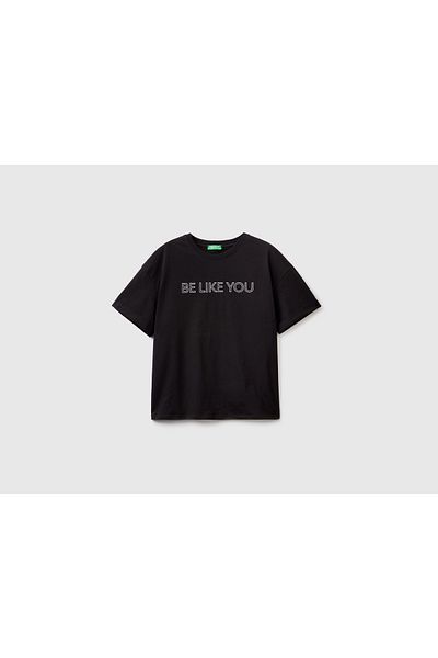 United Colors of Benetton Women's Black Be Slogan Printed Comfortable Fit T-Shirt