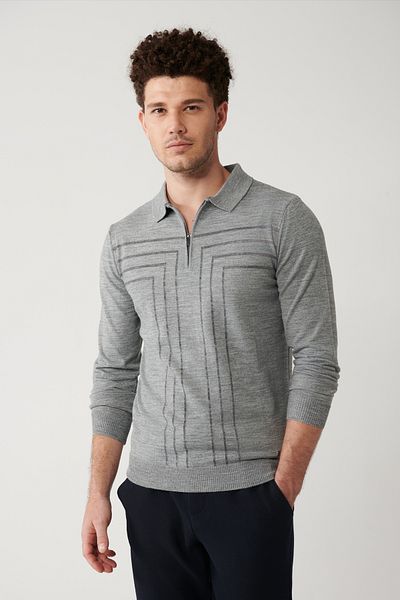 Avva Grauer gestreifter Strickpullover aus Wolle mit Reißverschluss für Herren A32y5094