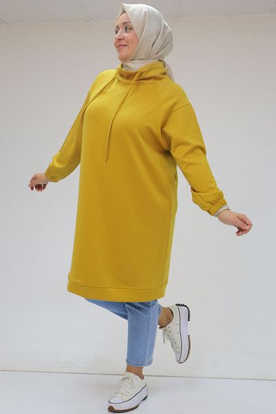Eslina 48105 Plus Size Turtleneck Tunic with Elastic Sleeves - Mustard
