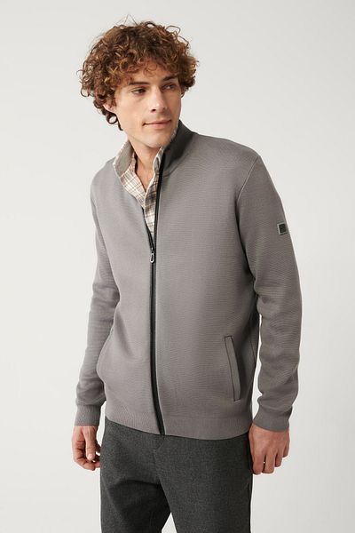 Avva Graue Herren-Strickjacke aus Viskose mit Stehkragen und detailliertem Reißverschluss aus Leder B 005022