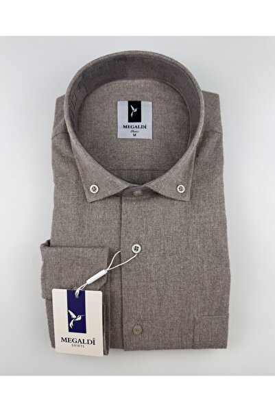 MEGALDİ Erkek Bej Klasik Kesim Yünlü Kışlık Gömlek