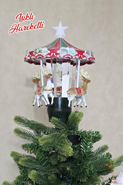 PEKSHOP Yılbaşı Ağacı Tepeliği Hareketli ve Işıklı Dönen Geyikler Atlı Karınc...