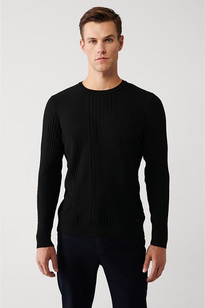 Avva Men's Black Crew Neck Patterned Knitwear Sweater A32Y5160