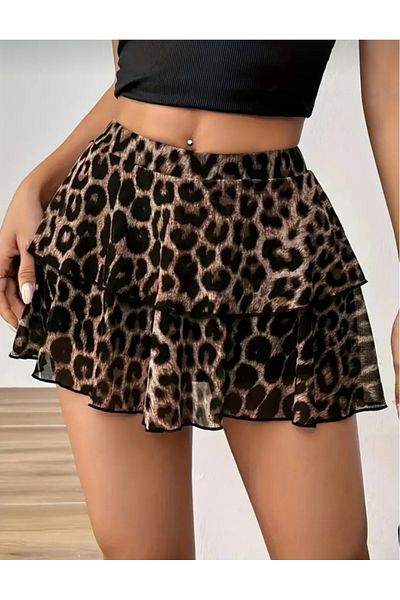 MAROVOAY Leopard Print Layered Super Mini Ruffle Skirt