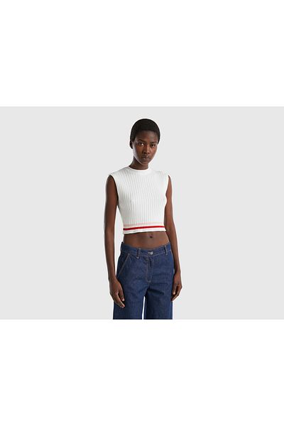 United Colors of Benetton Cremefarbene, schmal geschnittene Crop-Weste mit Rockspitze und Streifen für Damen