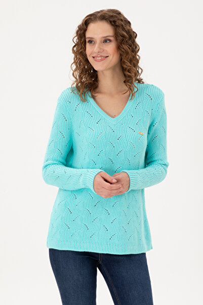U.S. Polo Assn. Pulover de damă verde apă cu decolteu în V 50297399-VR083