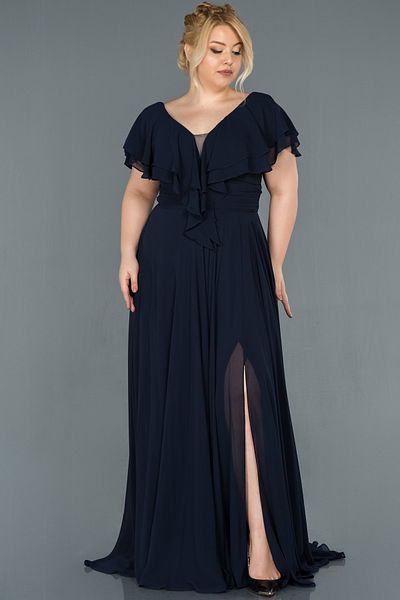 Abiyefon Navy Blue Plus Size Evening Dress with Slits Abu032