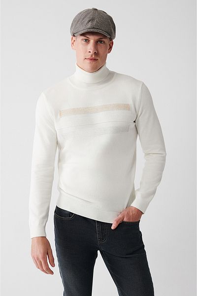 Avva Herren-Strickpullover aus bedruckter Baumwolle mit Rollkragenpullover in Ecru A32y5041