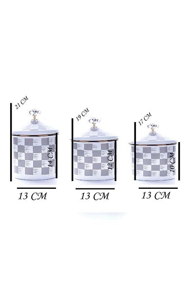 By Hanedan Gray Checkerboard Patterned Enamel 3 Size Jar Set