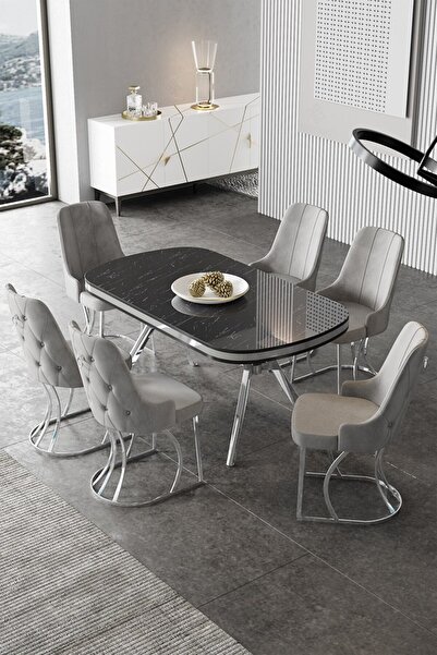 Canisa Epal Serisi 90x168 Lak Panel Siyah Mermer Desen Krom Ayaklı Masa Takım...