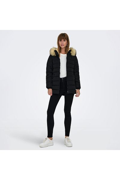 ONLY New Quilt Fur Hood Coat Women's Black Hooded Coat