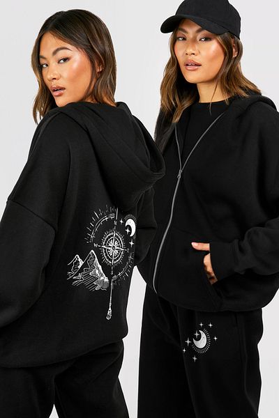 Frisson Women's Compass Printed Hooded Zippered Sweatshirt Top and Bottom Set