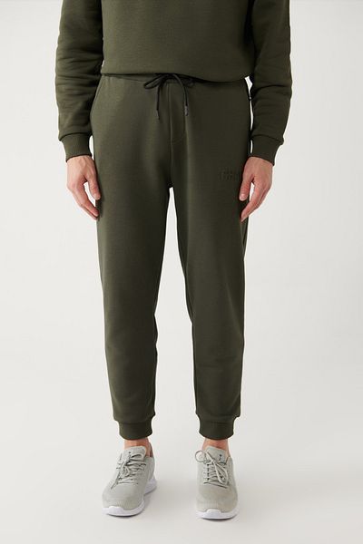Avva Khakifarbene Herren-Jogginghose mit Schnürung an der Taille, 3-fädig, ohne Raster und elastischem Bein, A32y3464