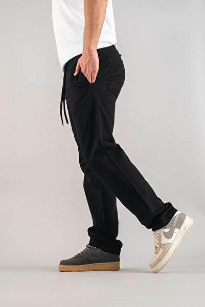 bombe Ανδρικό τζιν παντελόνι από καμβά με μαύρη άνετη εφαρμογή Bagy με ζωσμένο κορδόνι