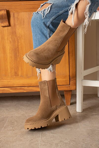 FSKOMBİN Valey Kadın Camel Süet Hakiki Deri Topuklu Bot