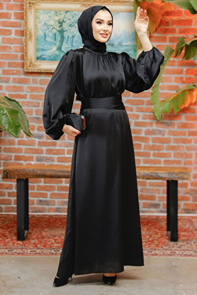 Nursima 6372 Kuşaklı Saten Tesettür Abiye Elbise