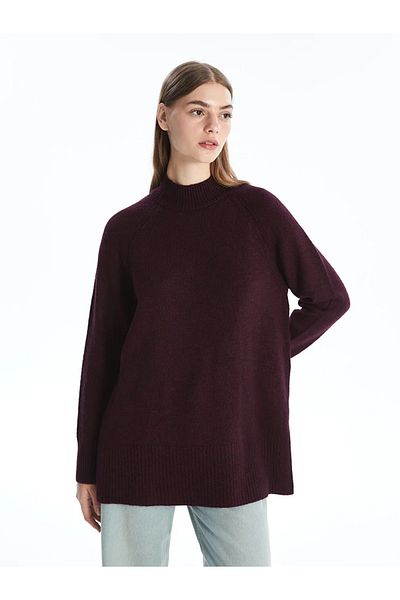 LC Waikiki Lcw Modest Beige Stand Collar Plain Oversize Women's Knitwear Tunic