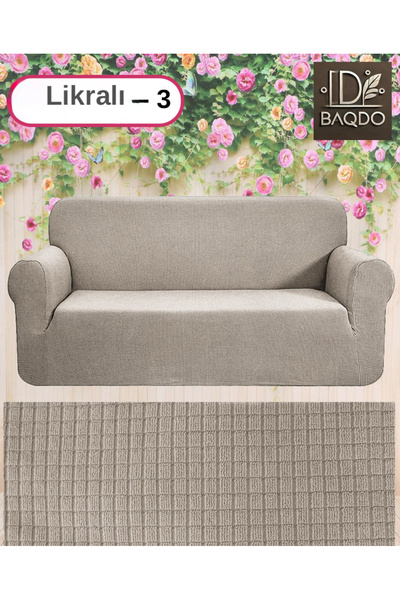 BAQDO Likrali Streç Lastikli Esnek Yikanabilir Kare Desen 3 Kişilik Koltuk Ör...