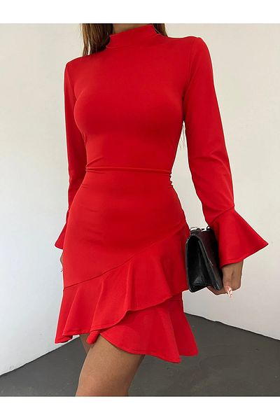 Fav Style Women's Stand Collar Long Sleeve Skirt Ruffle Mini Dress