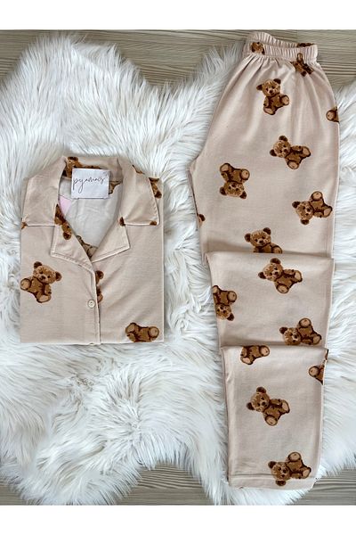 Pijamacs Set de pijamale cu mânecă lungă, guler de cămașă din piele intoarsa cu model ursuleț ecru