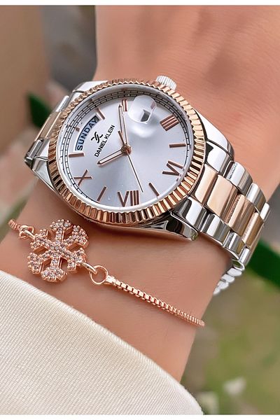 Daniel Klein Brand Rose Silver Color Women's Wristwatch - Bracelet Gift