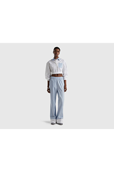 United Colors of Benetton Women's Light Blue Elastic Waist Pajama Style Poplin Pants