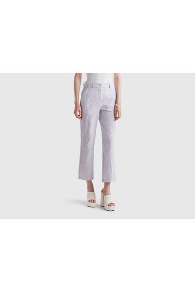 United Colors of Benetton Women's Blue Seersucker Fabric Regular Fit Trousers