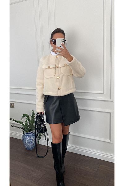 Büşce Ecru Gold Buttoned Jacket