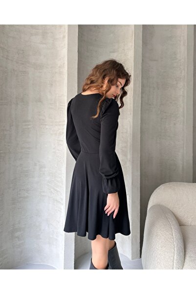 Fav Style Kadın V Yaka Düğme Detaylı Uzun Kollu Mini Elbise Siyah