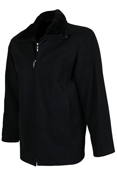 Modarar Men's Double Collar Fur Collar Black Cashmere Coat Rar01271