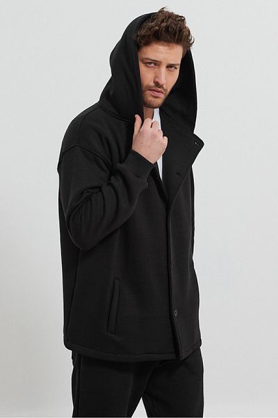 THE RULE Men's Oversize 3 Thread Raised Buttoned Hooded Casual Long Black Poncho Cardigan with Pockets