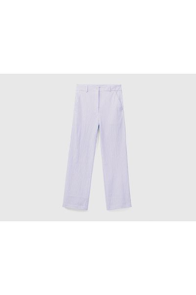 United Colors of Benetton Women's Blue Seersucker Fabric Regular Fit Trousers