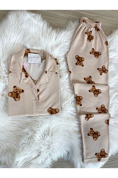 Pijamacs Set de pijamale cu mânecă lungă, guler de cămașă din piele intoarsa cu model ursuleț ecru