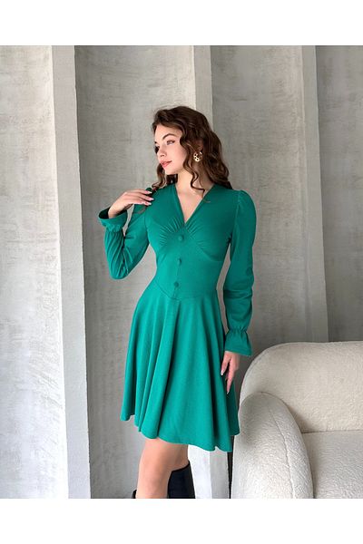 Fav Style Πράσινο μακρυμάνικο μίνι φόρεμα - V-λαιμόκοψη και λεπτομέρεια με κουμπιά