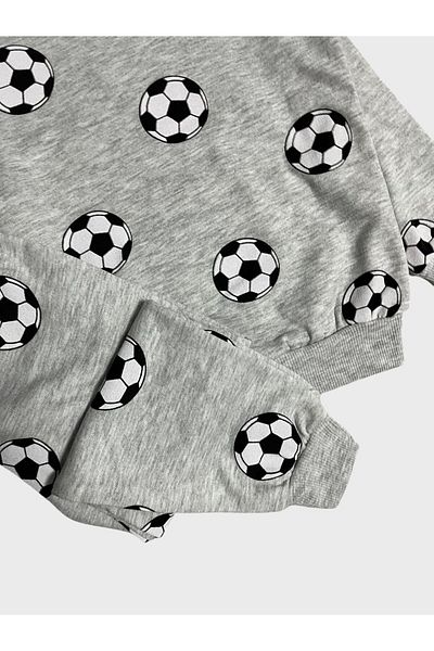 ALİŞ KİDS Boy's Cotton Raised Gray Black White Soccer Ball Pattern Long Sleeve Winter Pajamas Set