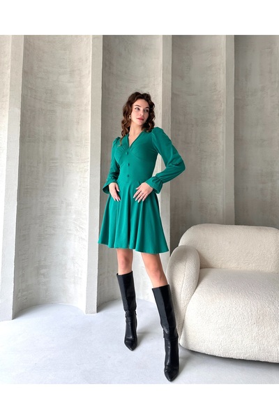 Fav Style Kadın V Yaka Düğme Detaylı Uzun Kollu Mini Elbise Yeşil