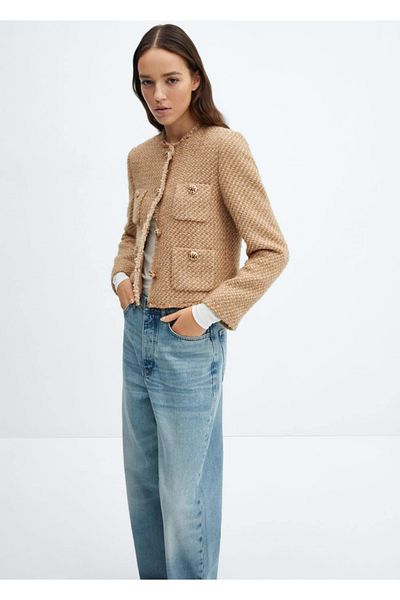 MANGO Woman Jachetă din tweed cu pietre pe nasturi