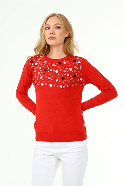 Garmi Women's Chest Bead Detail Sweater Red