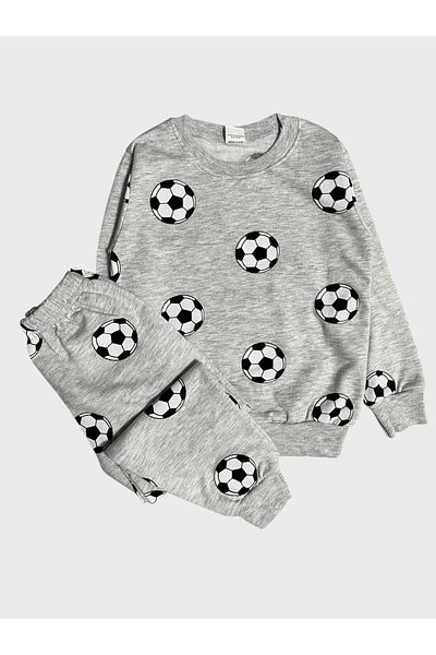 ALİŞ KİDS Boy's Cotton Raised Gray Black White Soccer Ball Pattern Long Sleeve Winter Pajamas Set