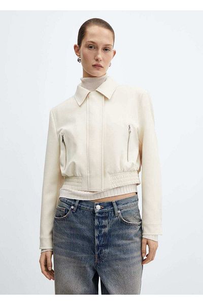 MANGO Woman Crop bunda s vycpaným ramenem