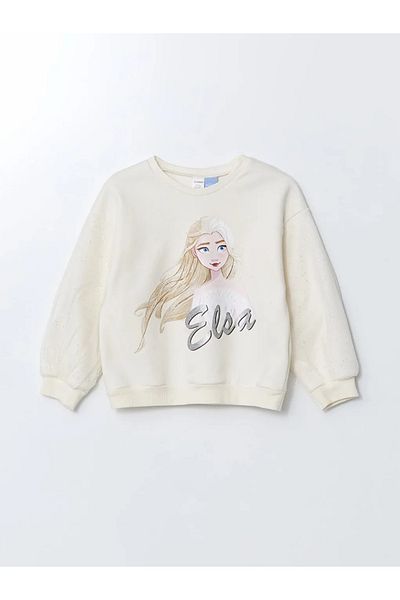 LC Waikiki Ecrufarbenes 2-teiliges Set aus Sweatshirt und Leggings mit Rundhalsausschnitt und Elsa-Print für Babys