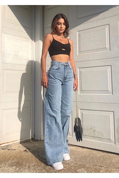 TRENDNATUREL Aqua Light Snow Wash Blue Pantaloni Palazzo largi cu talie super înaltă