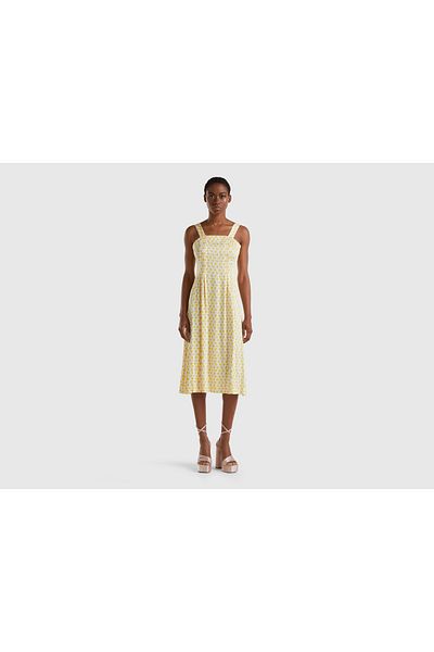 United Colors of Benetton Women's Yellow-White Mix 100% Cotton Sleeveless Print Dress