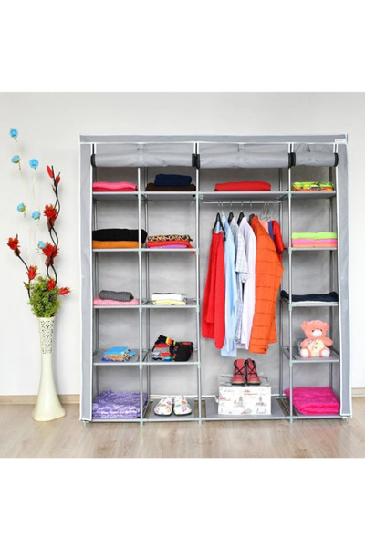 PorBig Plastik Profilli Ekstra Çift Yandan Raflı Bez Dolap - Gri | 17 Raflı, ...